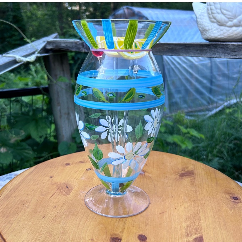 Vintage Glass Set Swizzle Sticks Fruit Cocktail Stirrers Hand Painted Daisy Vase